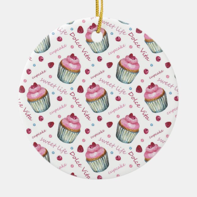 Watercolor cupcakes ceramic ornament (Front)
