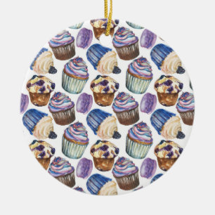 Watercolor cupcakes ceramic ornament