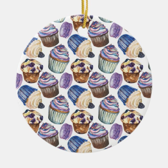 Watercolor cupcakes ceramic ornament (Front)