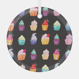 Watercolor Cupcakes: Charming Seamless Background Glass Ornament