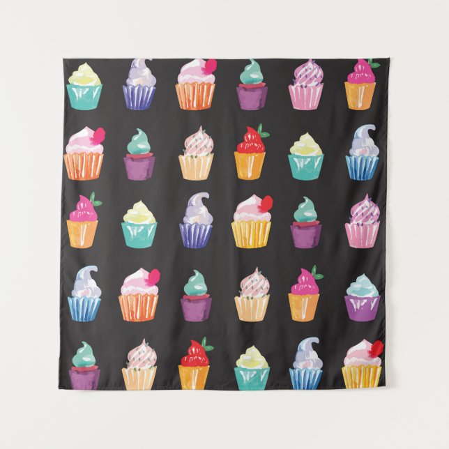 Watercolor Cupcakes: Charming Seamless Background Tapestry (Front)
