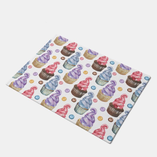 Watercolor cupcakes colourful doormat (Angled)