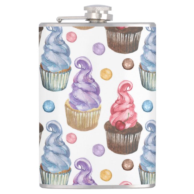 Watercolor cupcakes colourful hip flask (Front)