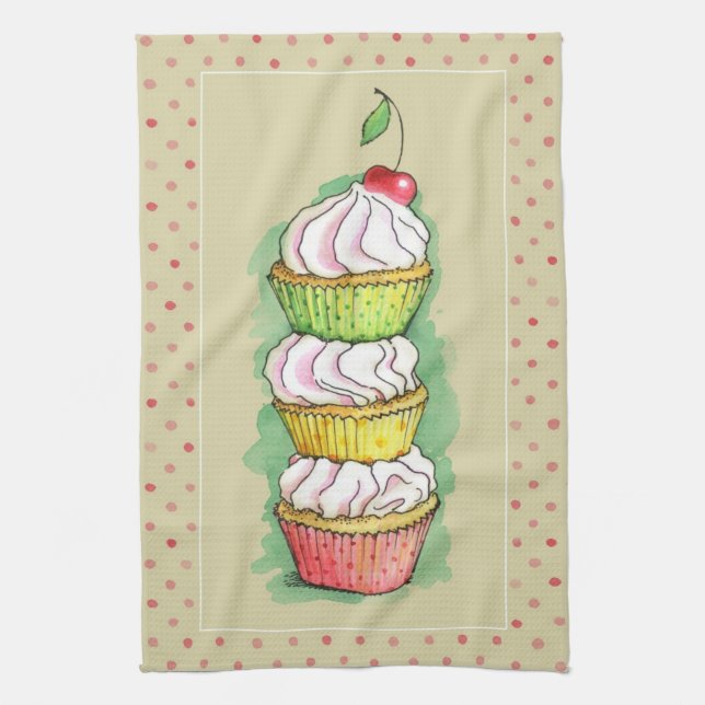 Watercolor cupcakes. Kitchen illustration. Kitchen Towel (Vertical)