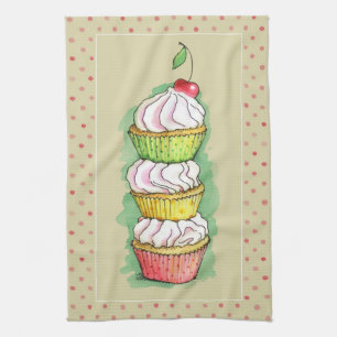 Watercolor cupcakes. Kitchen illustration. Towel