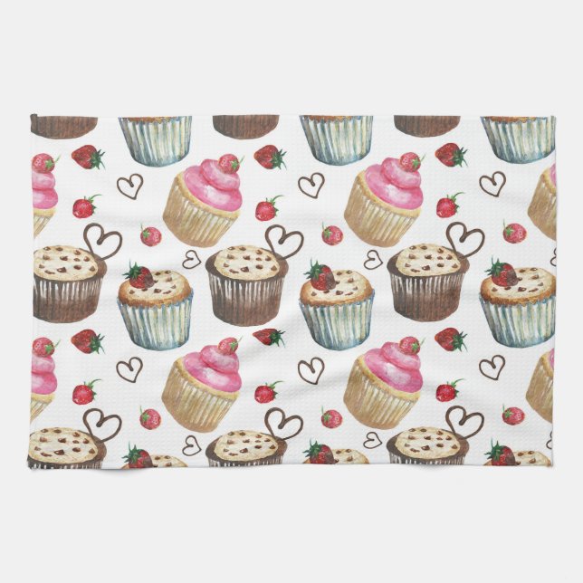 Watercolor cupcakes kitchen towel (Horizontal)