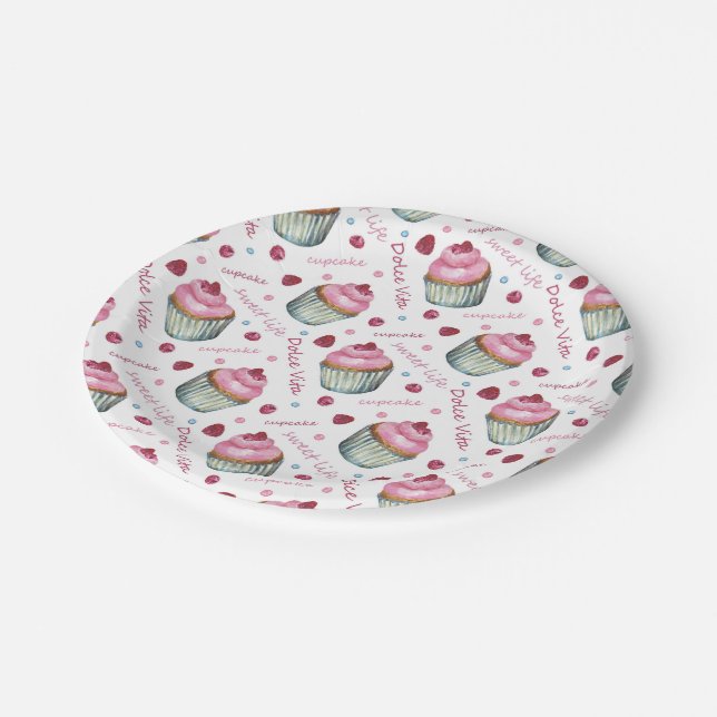 Watercolor cupcakes paper plate (Angled)