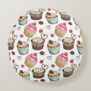 Watercolor cupcakes round pillow