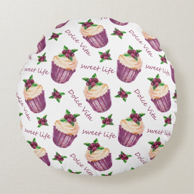 Watercolor cupcakes round pillow (Front)
