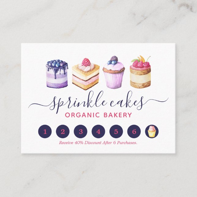 Watercolor Custom Cakes And Sweets Bakery  Loyalty Card (Front)
