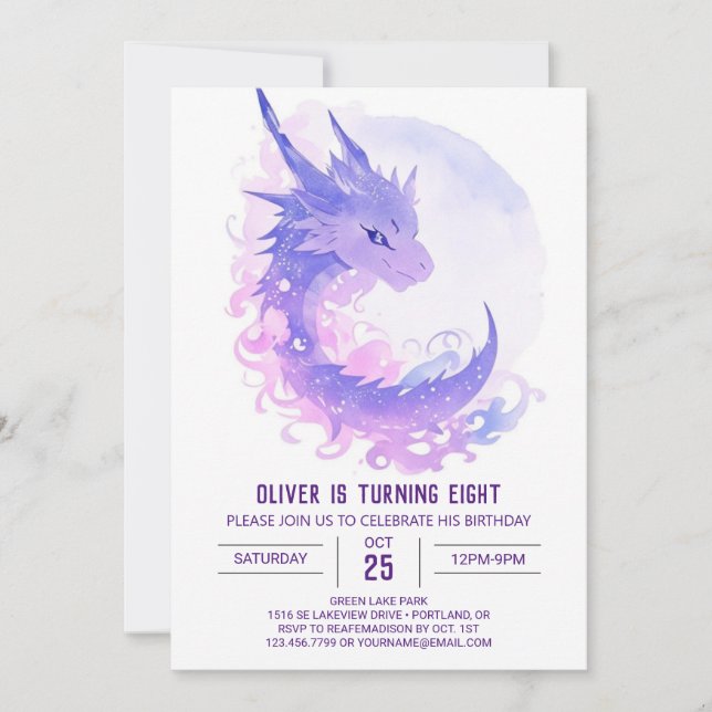 Watercolor Custom Dragon Birthday Invitation (Front)