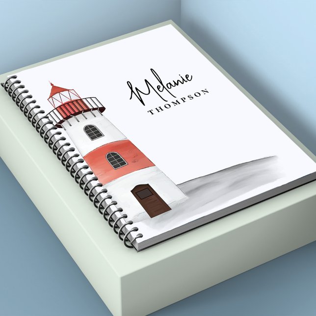 Watercolor Custom Name Nautical Notebook (Watercolor nautical lighthouse black and red spiral notebook)
