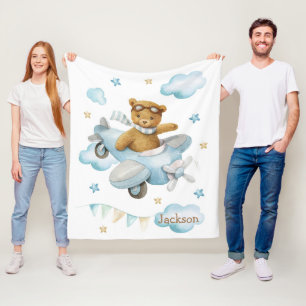 Watercolor cute baby bear airplane fleece blanket