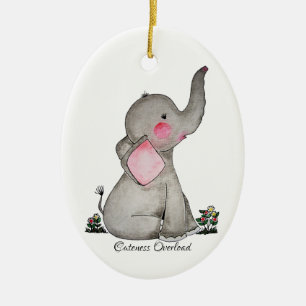 Watercolor Cute Baby Elephant With Blush & Flowers Ceramic Ornament