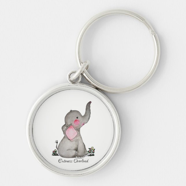 Watercolor Cute Baby Elephant With Blush & Flowers Keychain (Front)