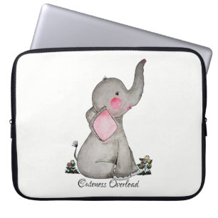 Watercolor Cute Baby Elephant With Blush & Flowers Laptop Sleeve