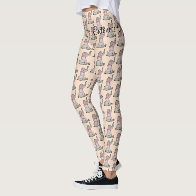 Watercolor Cute Baby Elephant With Blush & Flowers Leggings (Left)
