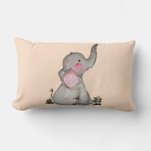 Watercolor Cute Baby Elephant With Blush & Flowers Lumbar Pillow