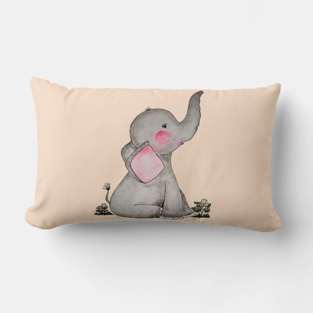 Watercolor Cute Baby Elephant With Blush & Flowers Lumbar Pillow (Front)