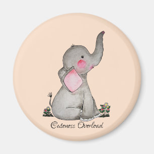 Watercolor Cute Baby Elephant With Blush & Flowers Magnet