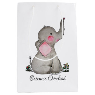 Watercolor Cute Baby Elephant With Blush & Flowers Medium Gift Bag