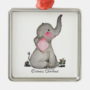 Watercolor Cute Baby Elephant With Blush & Flowers Metal Ornament