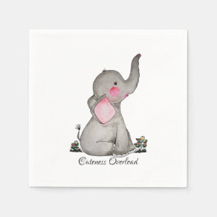 Watercolor Cute Baby Elephant With Blush & Flowers Napkin