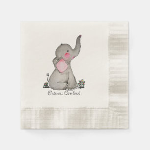 Watercolor Cute Baby Elephant With Blush & Flowers Napkin