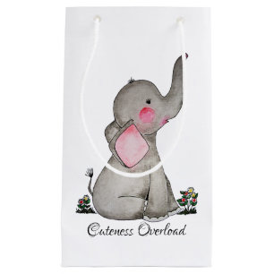 Watercolor Cute Baby Elephant With Blush & Flowers Small Gift Bag
