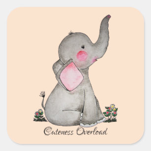 Watercolor Cute Baby Elephant With Blush & Flowers Square Sticker