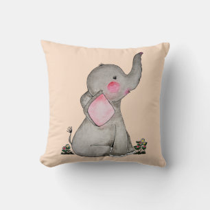 Watercolor Cute Baby Elephant With Blush & Flowers Throw Pillow