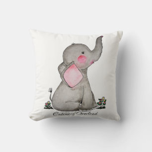 Watercolor Cute Baby Elephant With Blush & Flowers Throw Pillow