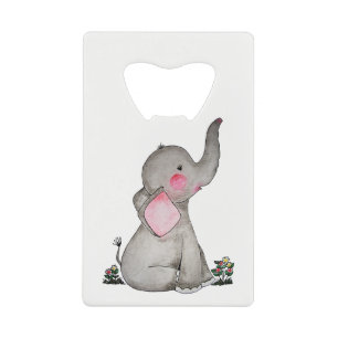 Watercolor Cute Baby Elephant With Blush & Flowers Wallet Bottle Opener
