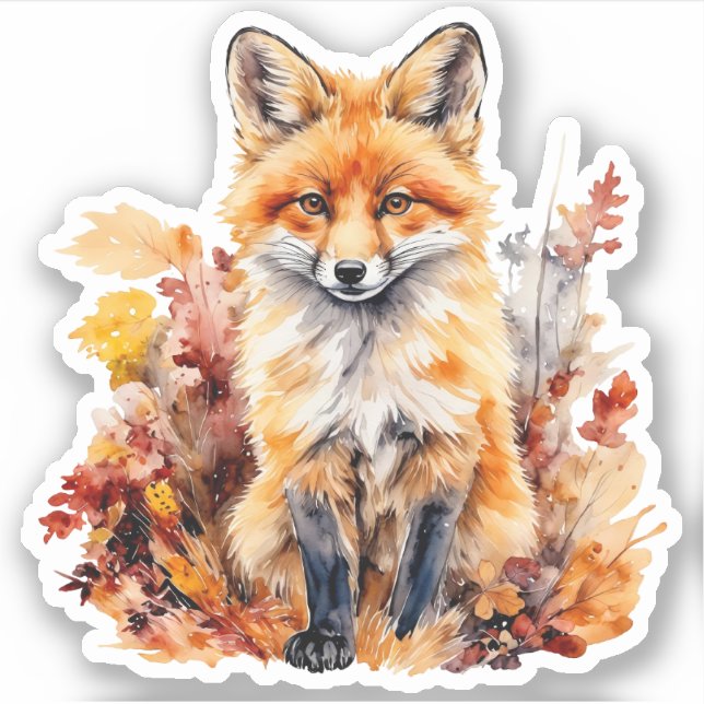 Watercolor Cute Baby Fox and colourful Leaves (Front)