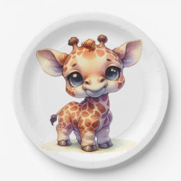 Watercolor cute baby giraffe paper plate