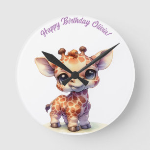 Watercolor cute baby giraffe round clock