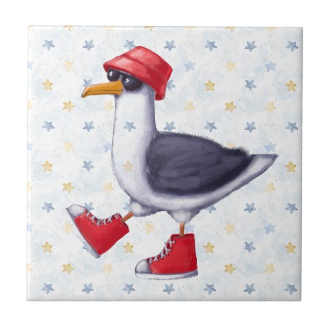 Watercolor Cute Beach Seagull Cartoon Bird Nature  Tile (Front)