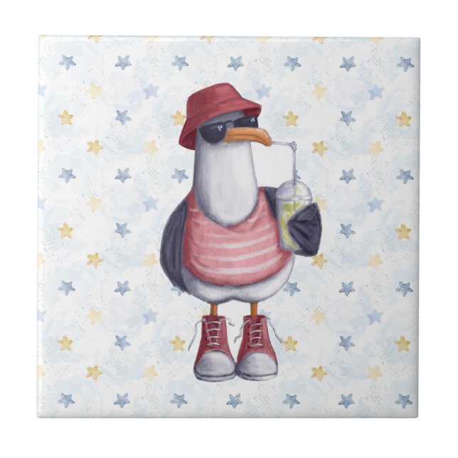 Watercolor Cute Beach Seagull Cartoon Bird Nature Tile (Front)