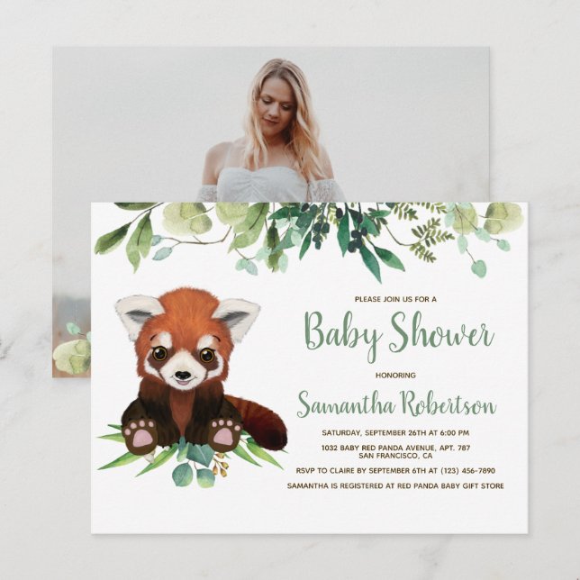 Watercolor Cute Bear Greenery Baby Shower Photo Invitation Postcard (Front/Back)