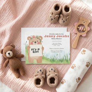 Watercolor cute Bear It’s a girl pink Baby Shower Invitation