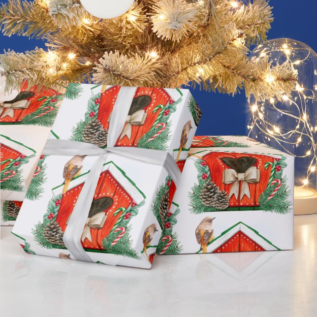 Watercolor Cute Bird House Birds art Wrapping Paper (Holidays)