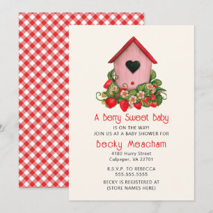 Watercolor Cute Birdhouse with Strawberries Invitation