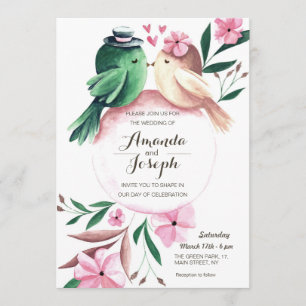 Watercolor Cute birds floral wedding invitation
