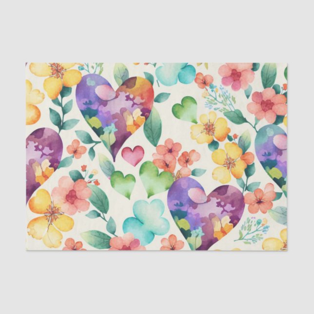 Watercolor cute blossom floral hearts pattern tissue paper (Front)