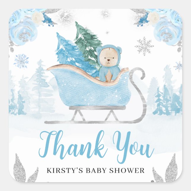 Watercolor Cute Blue Winter Bear Baby Shower Square Sticker (Front)