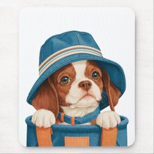 Watercolor Cute Brown White Dog Blue Hat Pet Mouse Pad