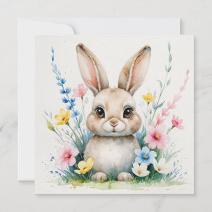 Watercolor Cute Bunny and Flowers Holiday Card