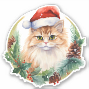Watercolor Cute Cat Holly Berries And Pine Cone