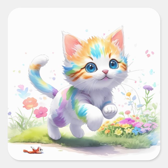 Watercolor Cute cat  Square Sticker (Front)