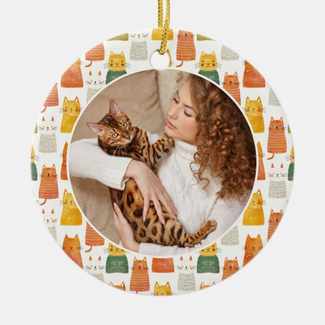 Watercolor Cute Cats Pattern Pet Photo Ceramic Ornament (Front)